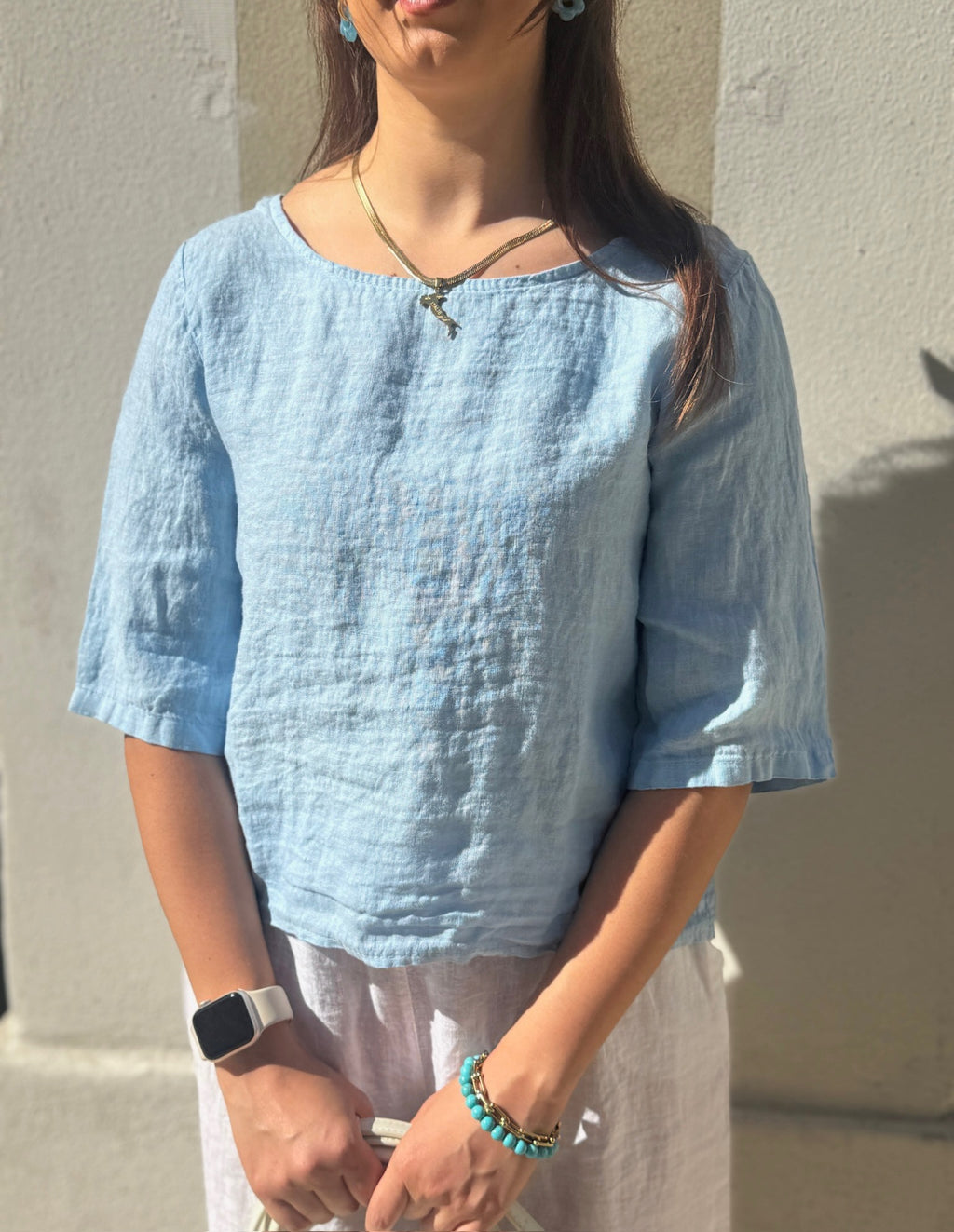 Haut en lin manche courte BLEU CIEL
