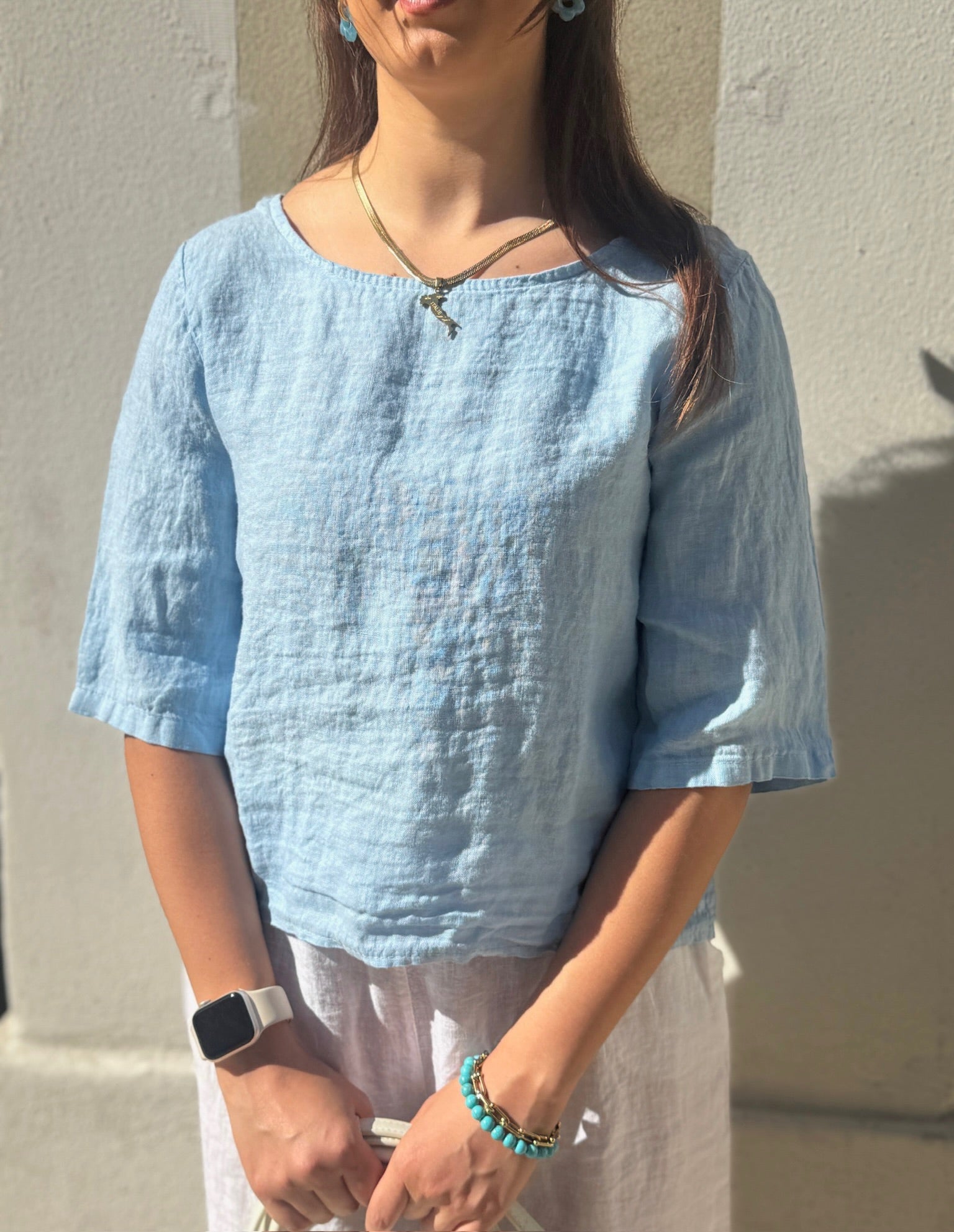 Haut en lin manche courte BLEU CIEL