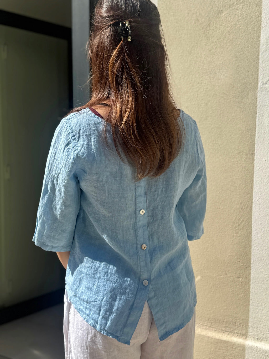 Haut en lin manche courte BLEU CIEL